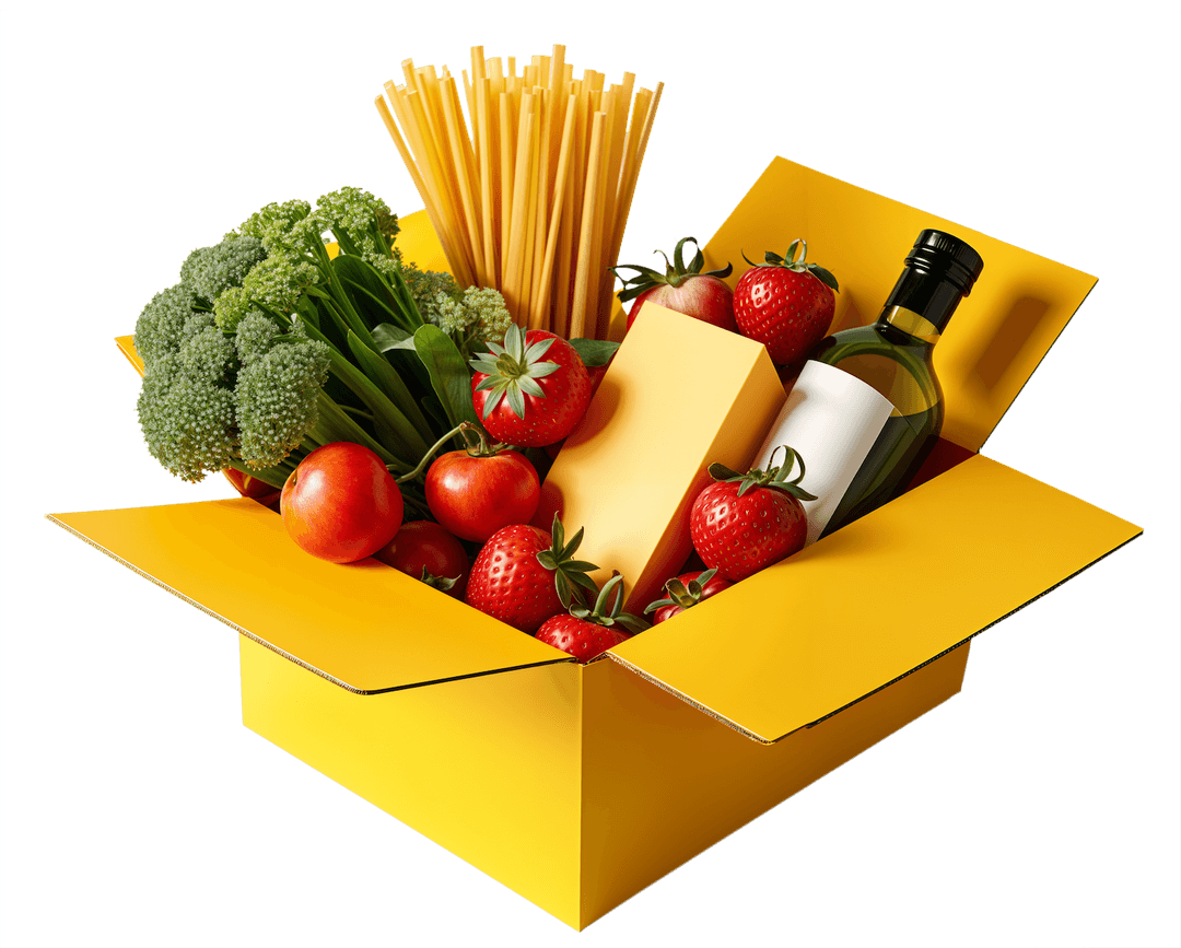Subscription box with various snacks and treats